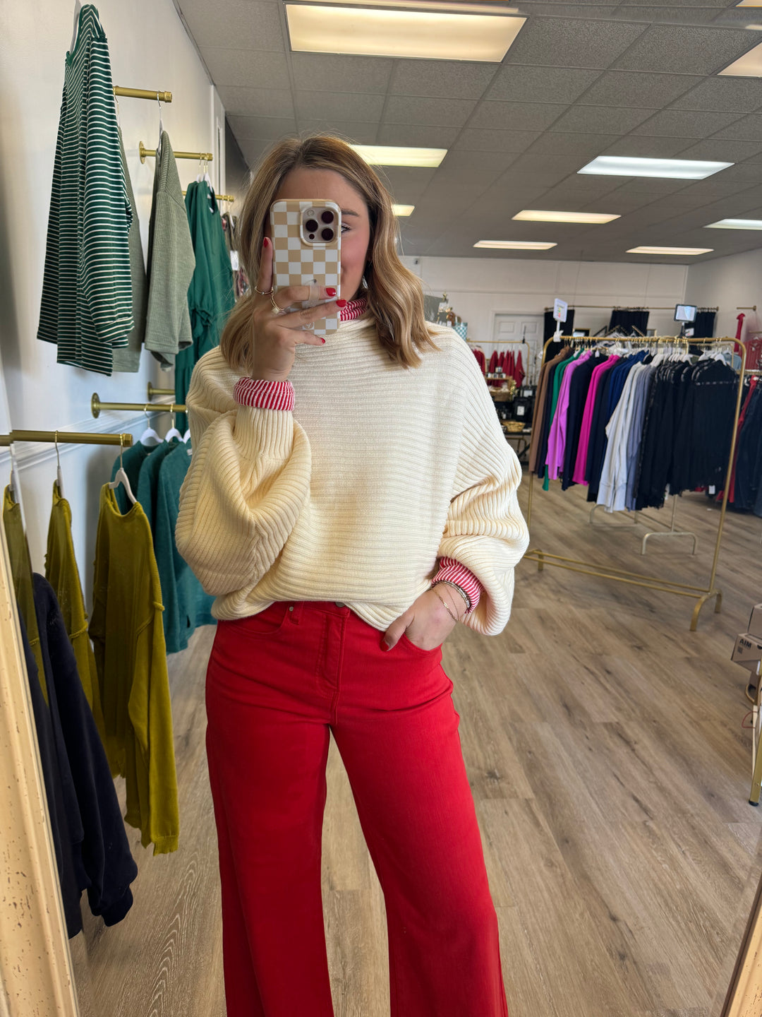 Red Wide Leg Risen Jeans