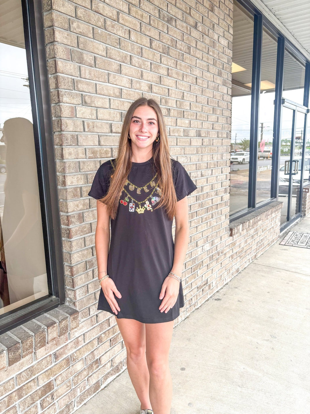 Black Queen & Icon Necklaces Charm Tee Dress | Queen of Sparkles - MainStreet Clothing Co.