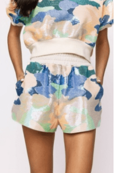 Beige, Blue, & Green Full Sequin Camo Shorts | Queen of Sparkles - MainStreet Clothing Co.
