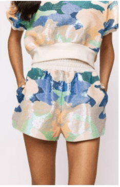 Beige, Blue, & Green Full Sequin Camo Shorts | Queen of Sparkles - MainStreet Clothing Co.