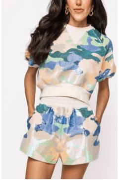 Beige, Blue, & Green Full Sequin Camo Shorts | Queen of Sparkles - MainStreet Clothing Co.