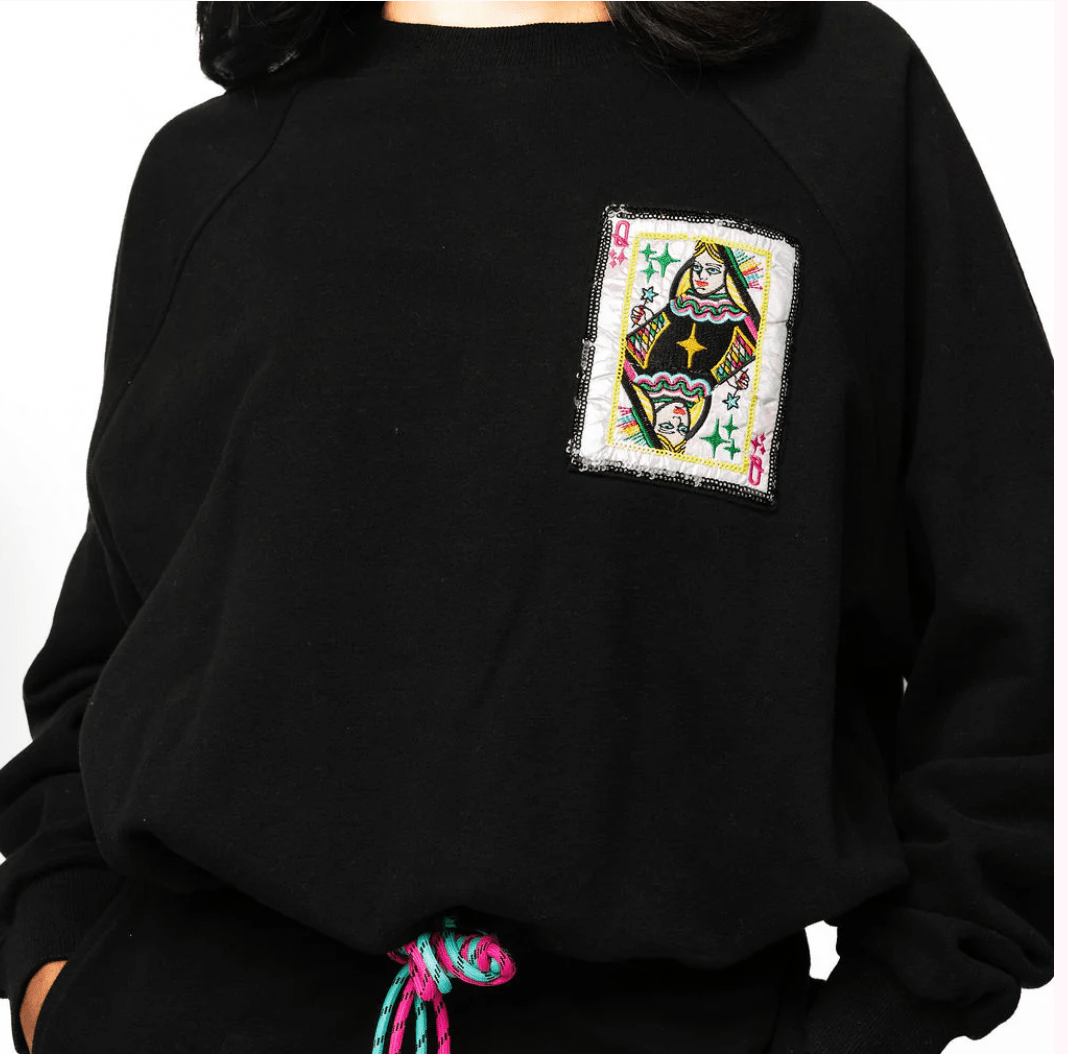 Black QOS Queen Card Rhinestone Tie Sweatshirt | Queen of Sparkles - Grayce's Boutique