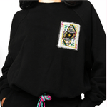 Black QOS Queen Card Rhinestone Tie Sweatshirt | Queen of Sparkles - Grayce's Boutique