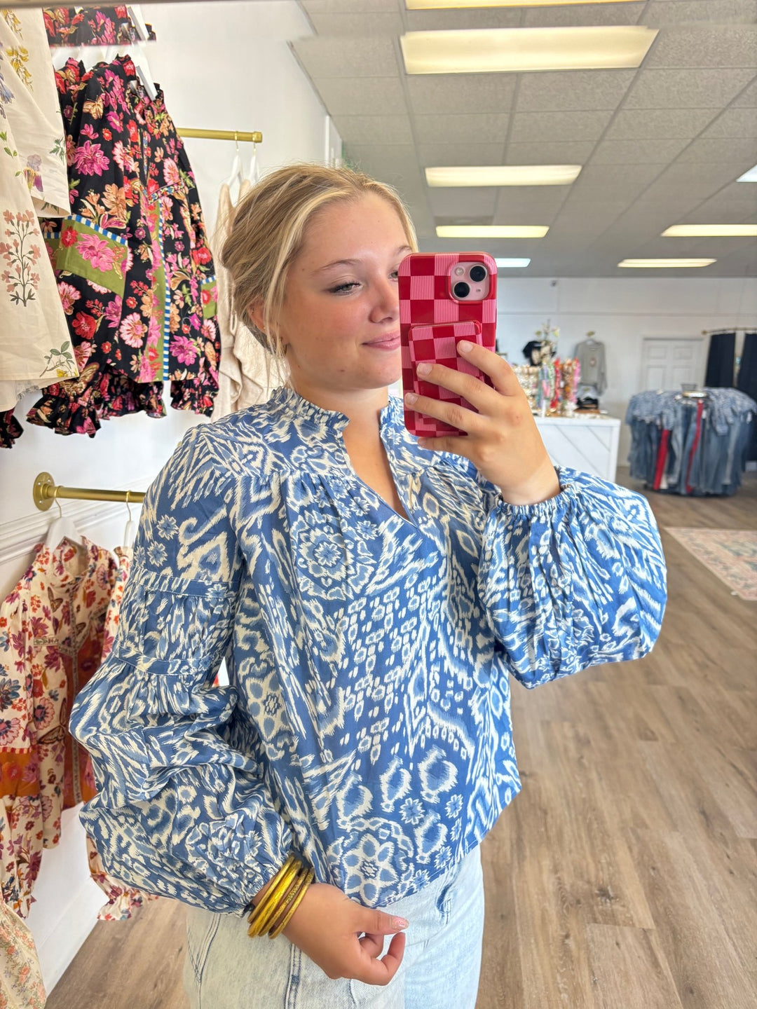 Blue Acorn Print Top with Bubble Sleeves - MainStreet Clothing Co.