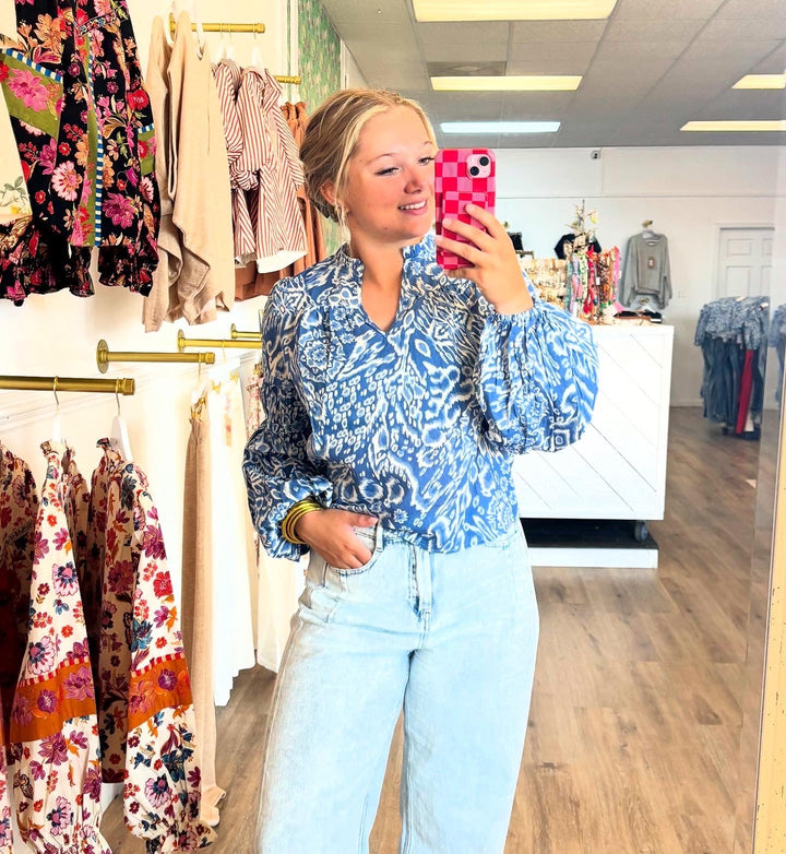 Blue Acorn Print Top with Bubble Sleeves - MainStreet Clothing Co.