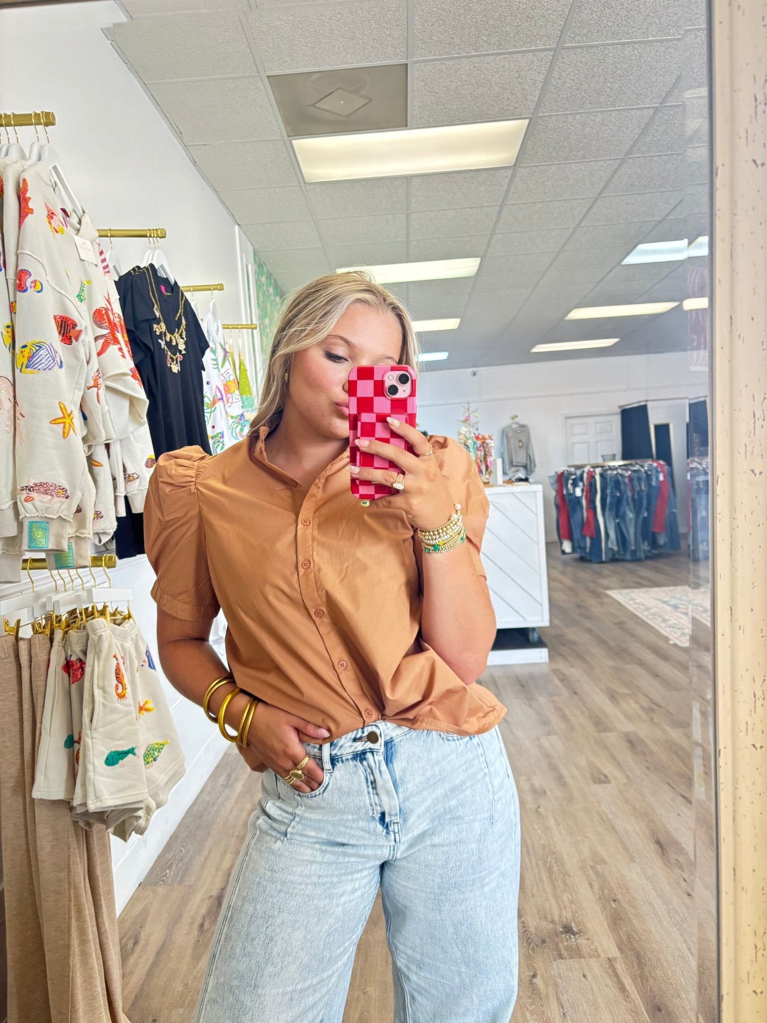 Camel Short Puff Sleeve Shirt - MainStreet Clothing Co.