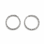 A pair of silver hoop earrings on a white background.