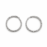 A pair of silver hoop earrings on a white background.
