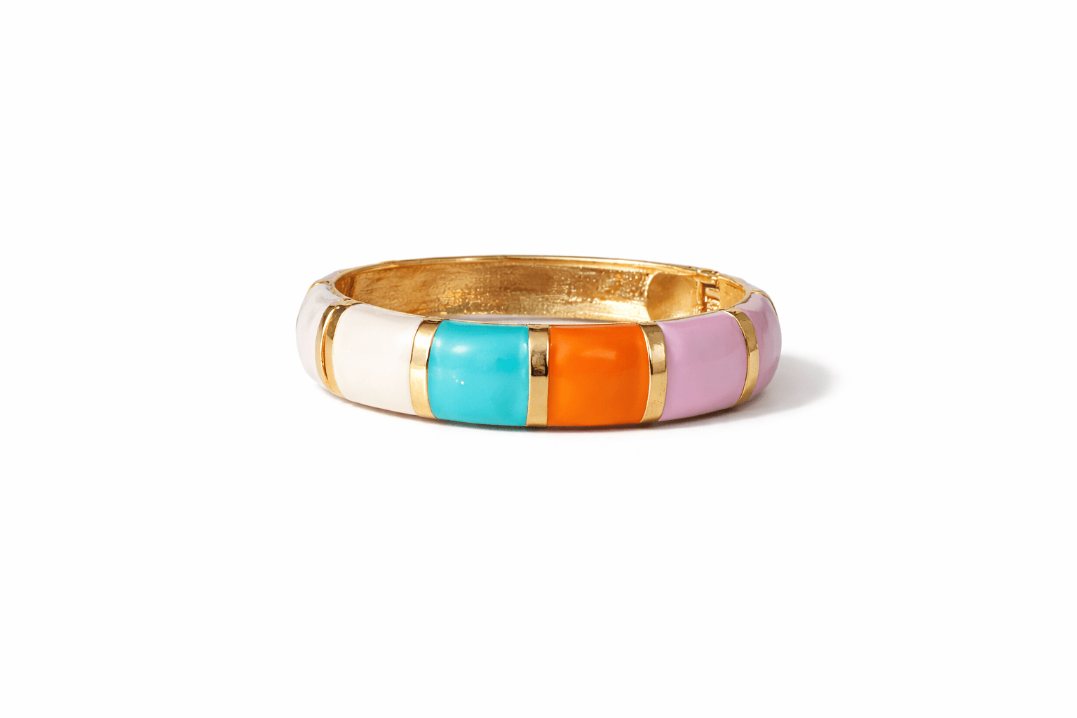 Multicolored bangle with gold band on a white background