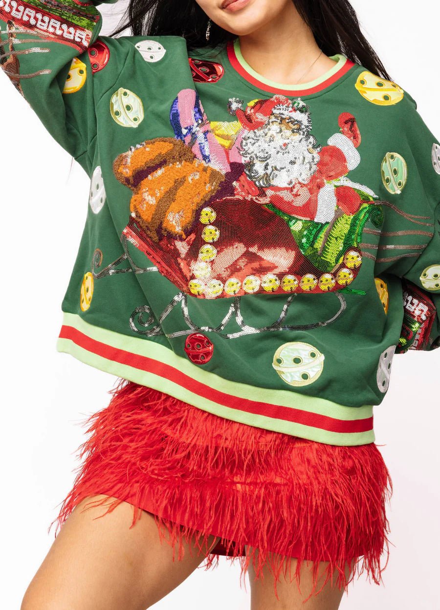Dark Green Vintage Jingle Bell Santa Sweatshirt | Queen of Sparkles - MainStreet Clothing Co.