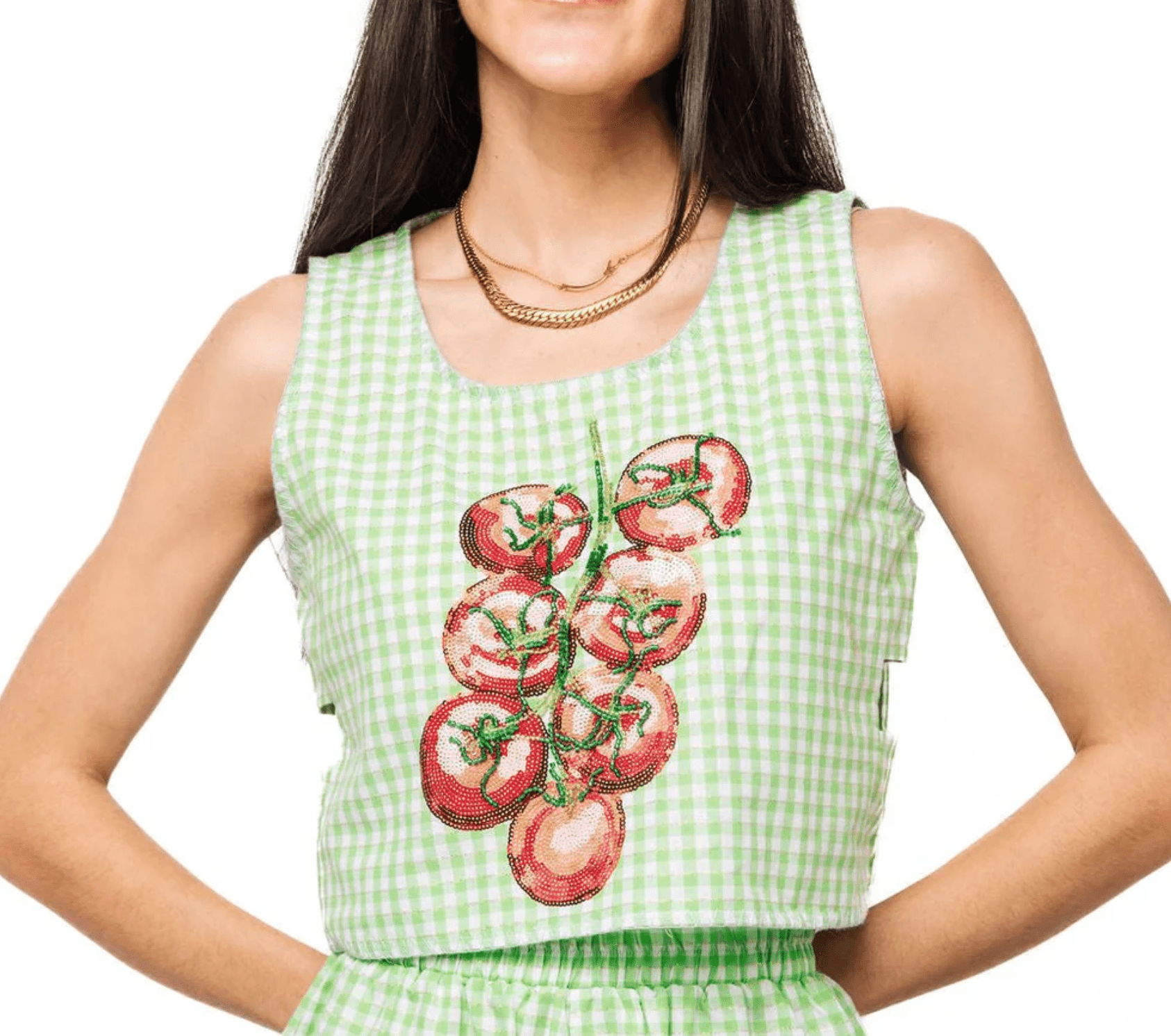Green Gingham Tomato Side Cut Out Tank | Queen of Sparkles - Grayce's Boutique