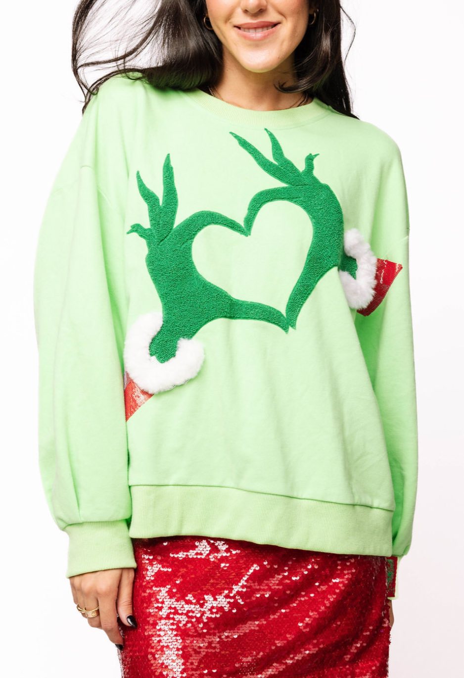 Green Grinch Heart Hands Sweatshirt | Queen of Sparkles - MainStreet Clothing Co.