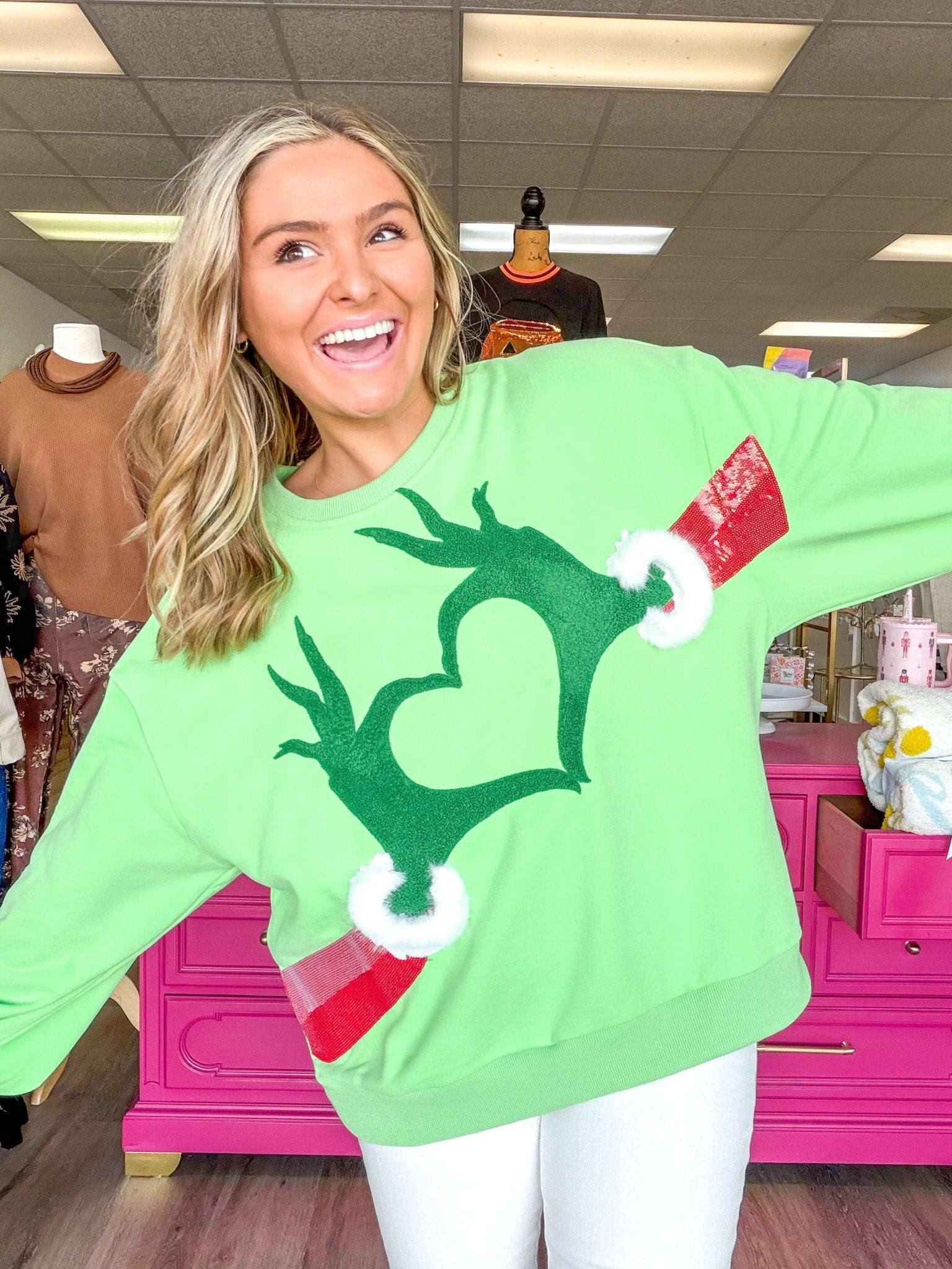 Green Grinch Heart Hands Sweatshirt | Queen of Sparkles - MainStreet Clothing Co.