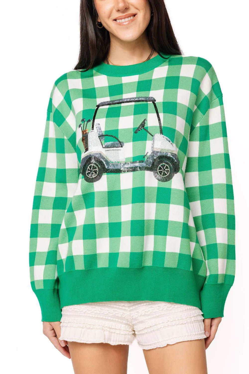 Green & White Checkered Golf Cart Sweater - Grayce's Boutique