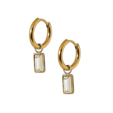 Gold huggie hoop earrings with rectangular gemstones on a white background.