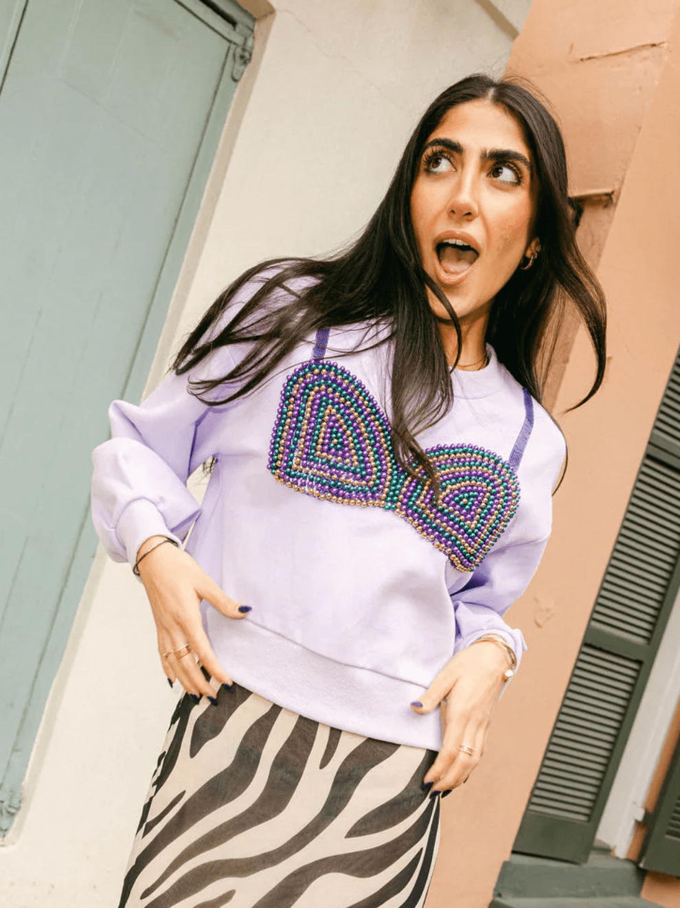 Lavender Mardi Gras Beaded Bikini Sweatshirt | Queen of Sparkles - Grayce's Boutique