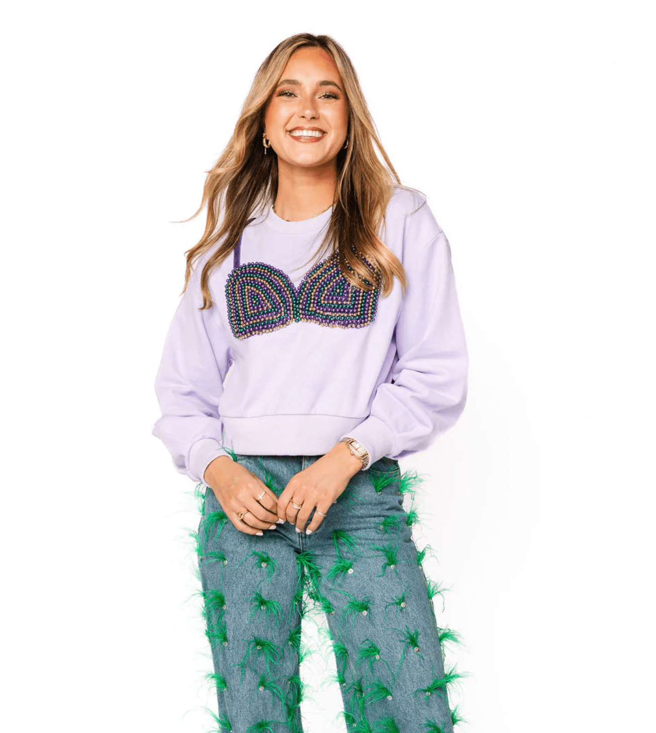 Lavender Mardi Gras Beaded Bikini Sweatshirt | Queen of Sparkles - Grayce's Boutique