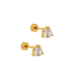 Gold earrings with clear gemstones on a white background