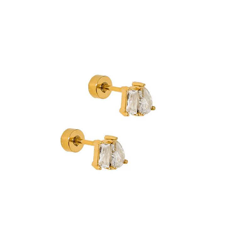 Gold earrings with clear gemstones on a white background