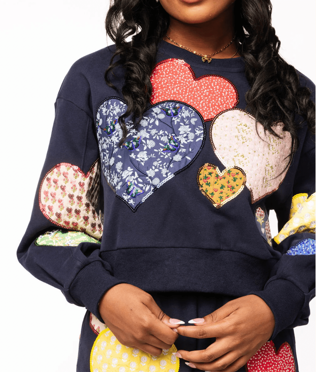 Navy Multi Embroidered Heart Sweatshirt | Queen of Sparkles - MainStreet Clothing Co.