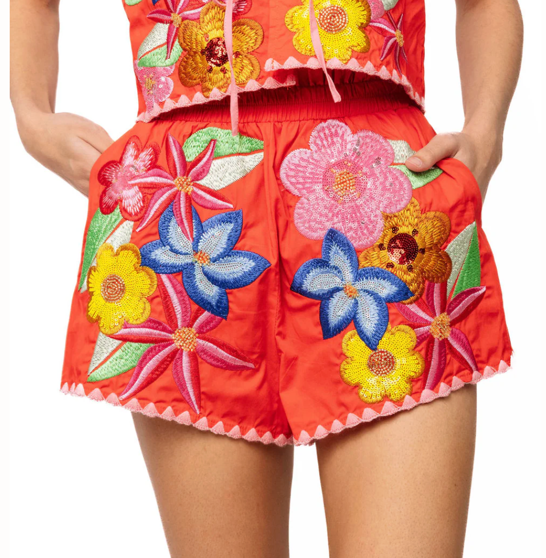 Orange & Pink Embroidered Trim Multi Flower Cotton Shorts | Queen of Sparkles - Grayce's Boutique