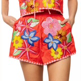Orange & Pink Embroidered Trim Multi Flower Cotton Shorts | Queen of Sparkles - Grayce's Boutique