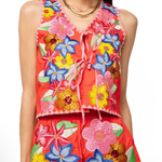 Orange & Pink Embroidered Trim Multi Flower Tie Up Cotton Tank | Queen of Sparkles - Grayce's Boutique