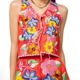 Orange & Pink Embroidered Trim Multi Flower Tie Up Cotton Tank | Queen of Sparkles - Grayce's Boutique