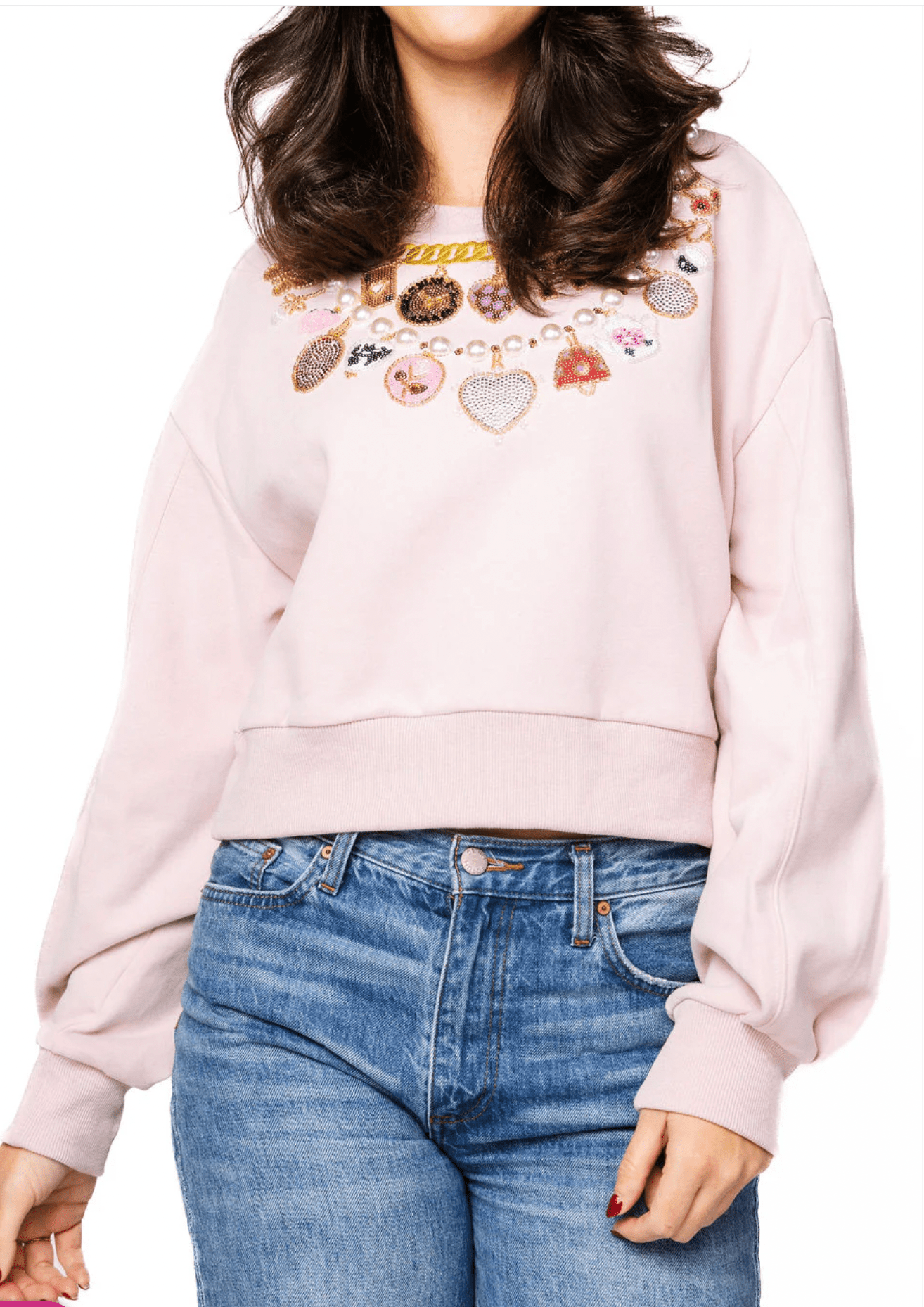 Pale Pink Pearl & Chain Vday Charm Necklace Sweatshirt - MainStreet Clothing Co.