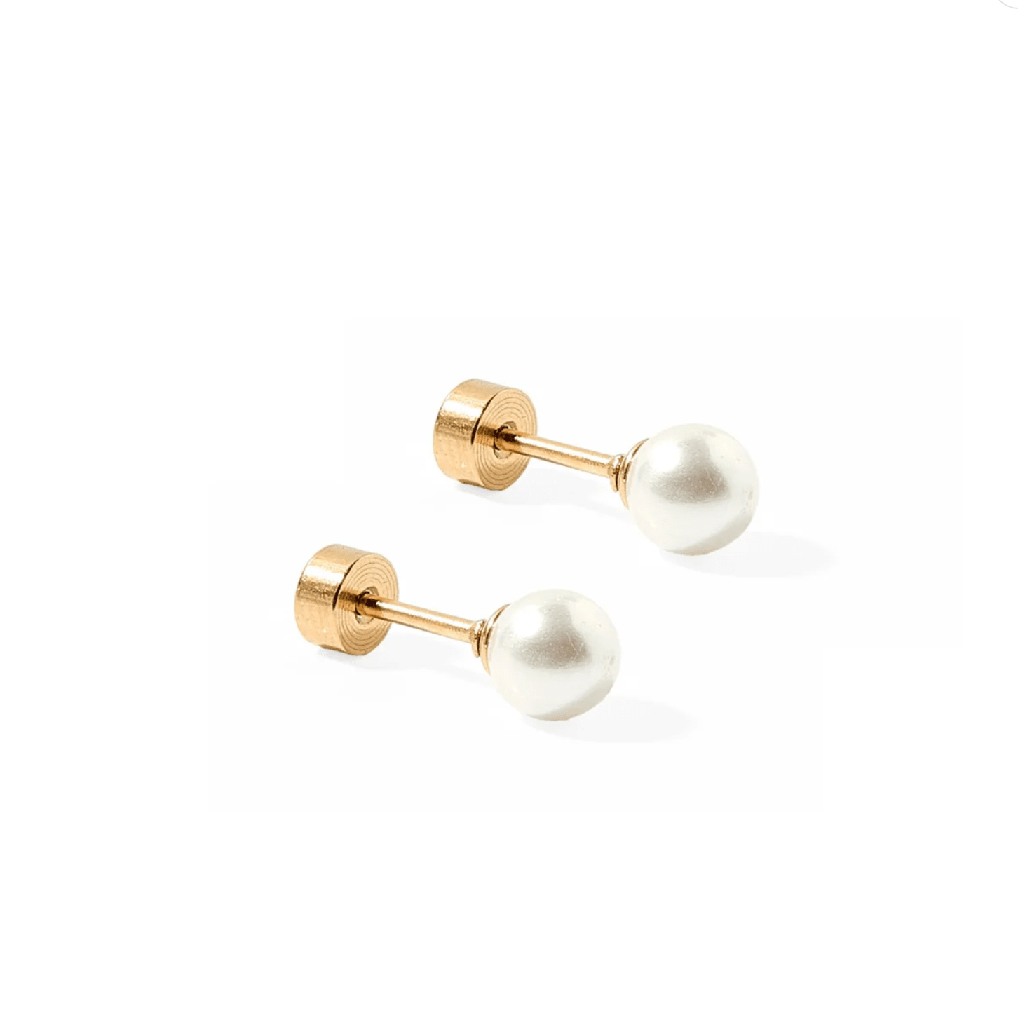 Pair of gold stud earrings with white pearls on a white background