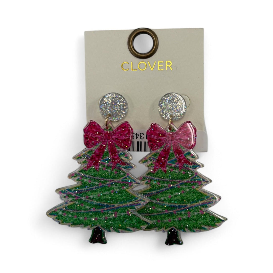 Pink Bow Christmas Tree Earrings - MainStreet Clothing Co.