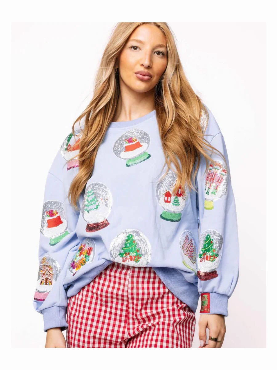 Powder Blue Christmas Snow Globe Sweatshirt | Queen of Sparkles - MainStreet Clothing Co.