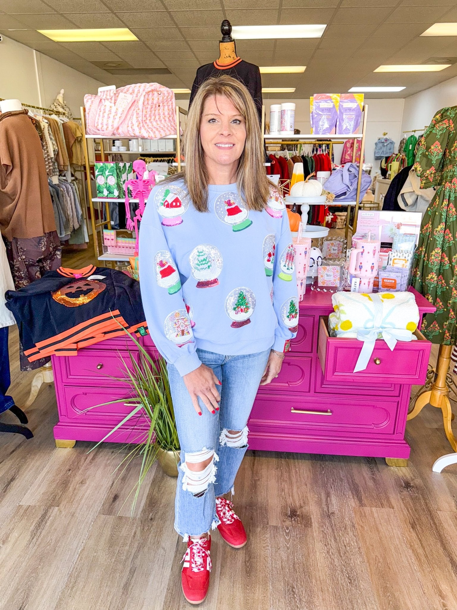 Powder Blue Christmas Snow Globe Sweatshirt | Queen of Sparkles - MainStreet Clothing Co.