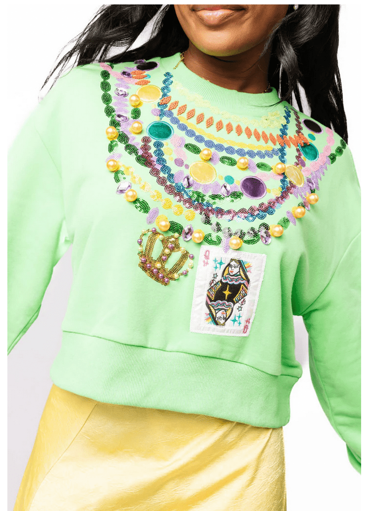 QOS Bright Green Queen Mardi Gras Beads Sweatshirt | Queen of Sparkles - MainStreet Clothing Co.