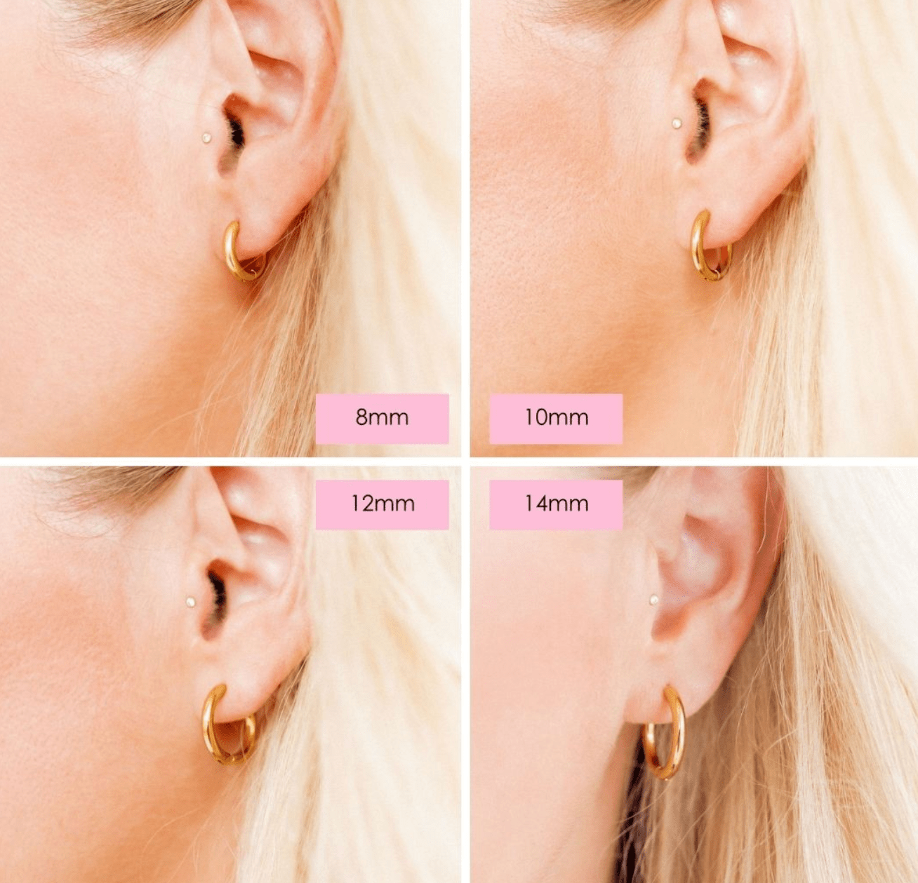 Gold hoop earrings displayed on a person's ear with size labels.