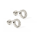 Pair of silver stud earrings with small stones on a white background