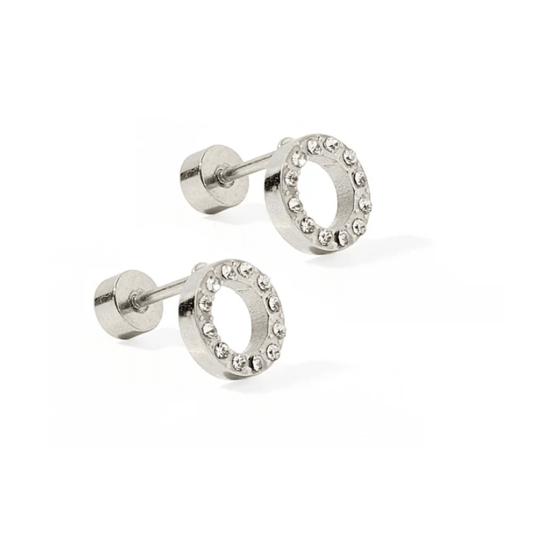 Pair of silver stud earrings with small stones on a white background
