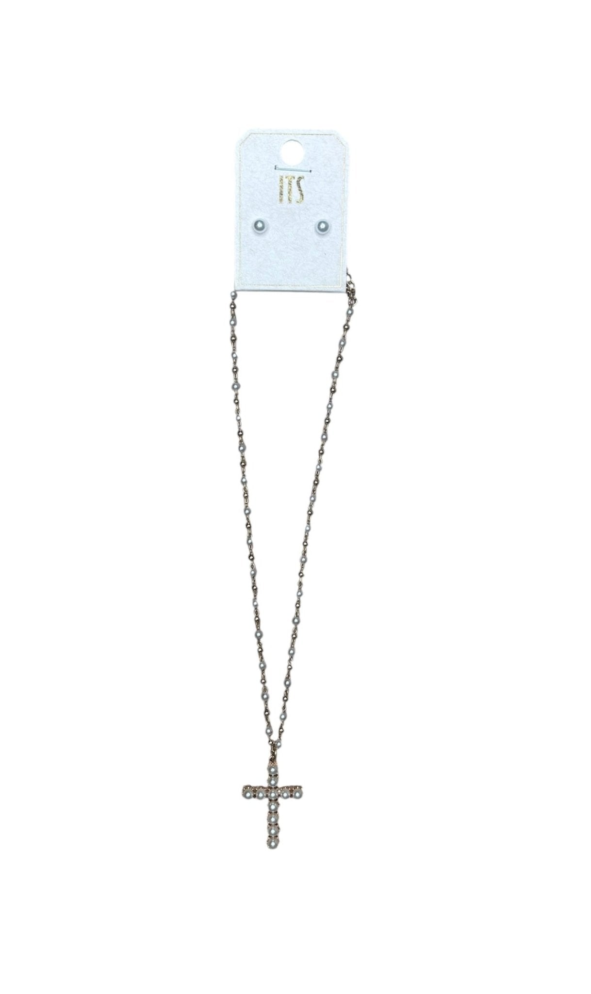 A long gold chain with cross pendant