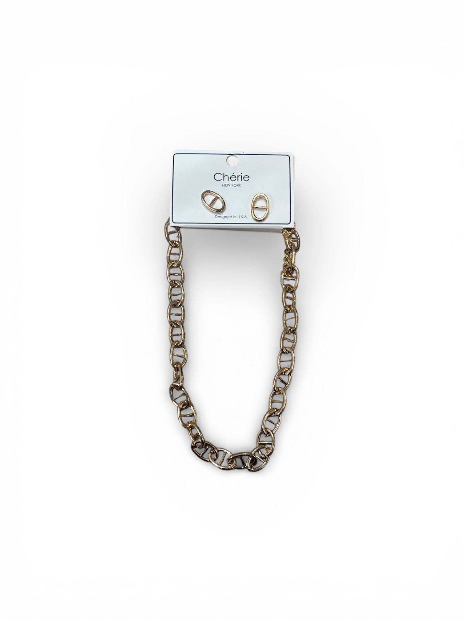 Gold chain necklace and earrings on a white background.