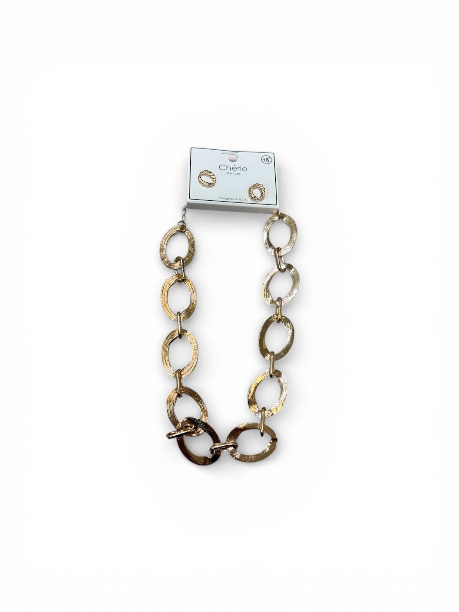 Gold thick chain necklace with a card on a white background