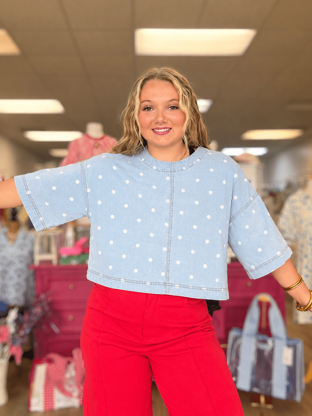 Washed Denim Polka Dot Top - Grayce's Boutique