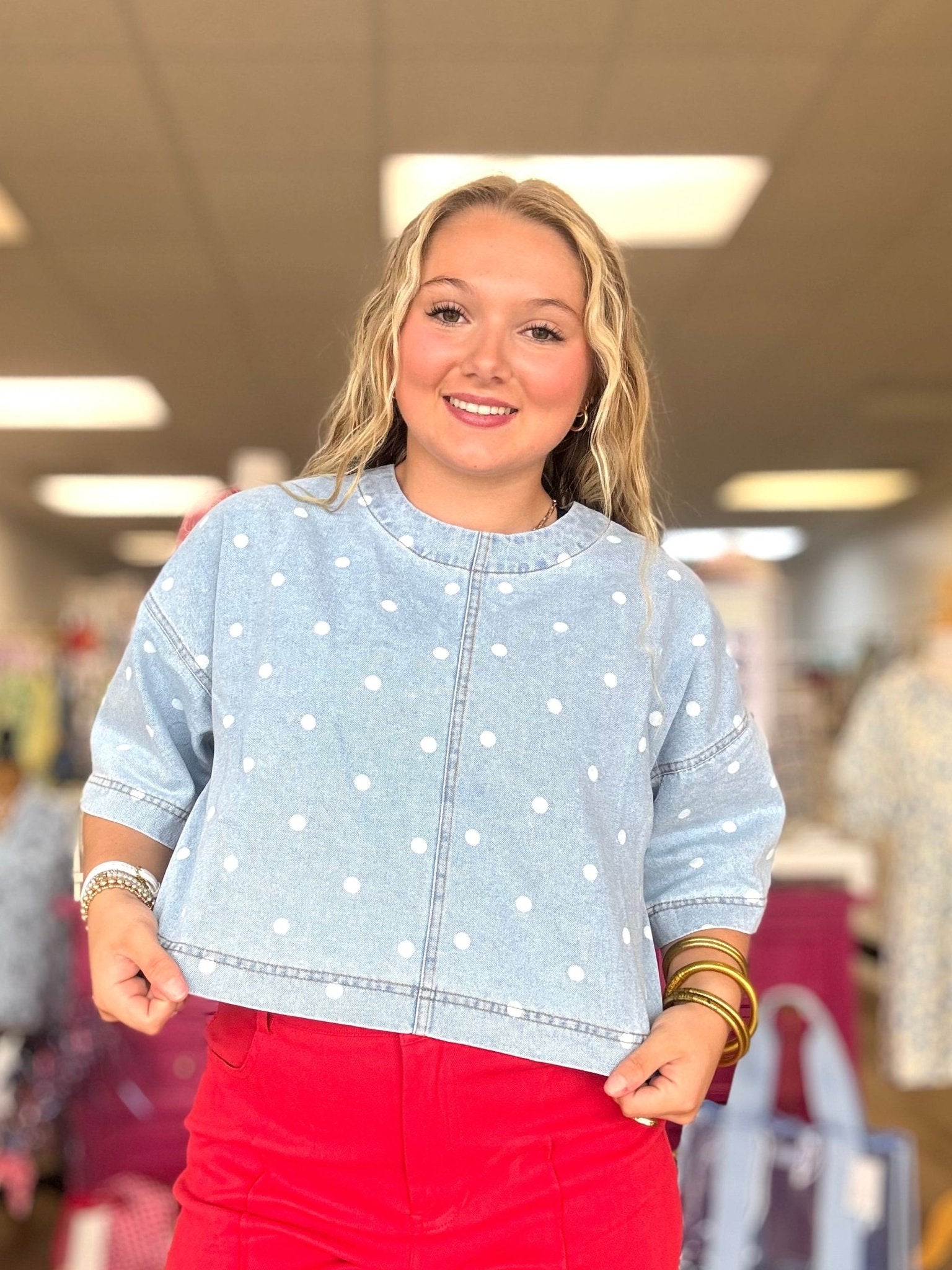 Washed Denim Polka Dot Top - Grayce's Boutique