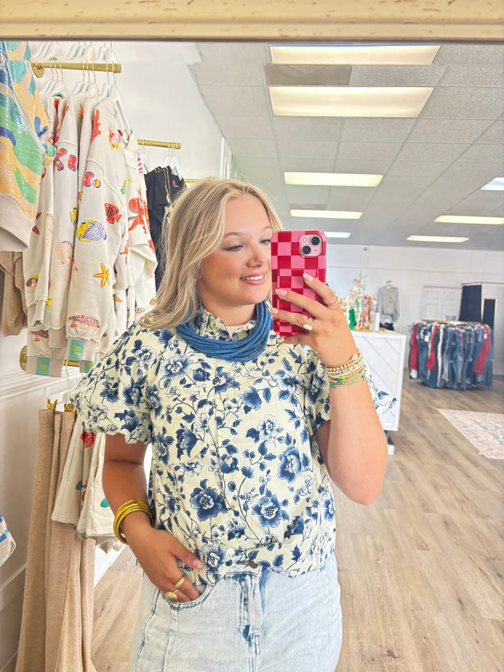 White and Navy Floral Top - MainStreet Clothing Co.