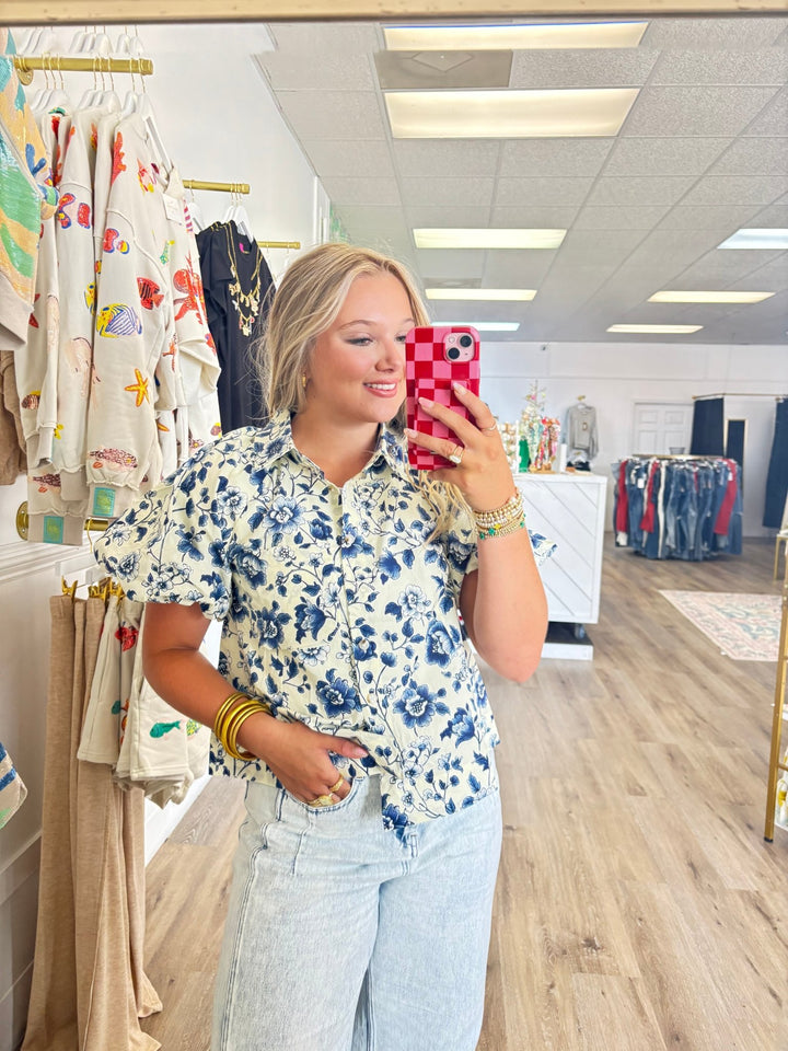 White and Navy Floral Top - MainStreet Clothing Co.