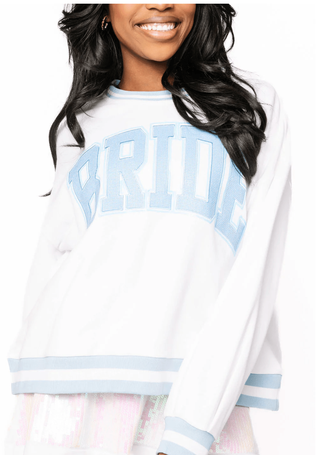 White & Blue Rhinestone Bride Sweatshirt - MainStreet Clothing Co.
