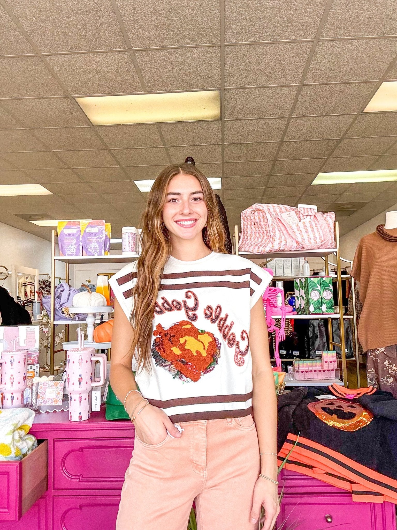 White & Brown Striped "Gobble" Top | Queen of Sparkles - MainStreet Clothing Co.