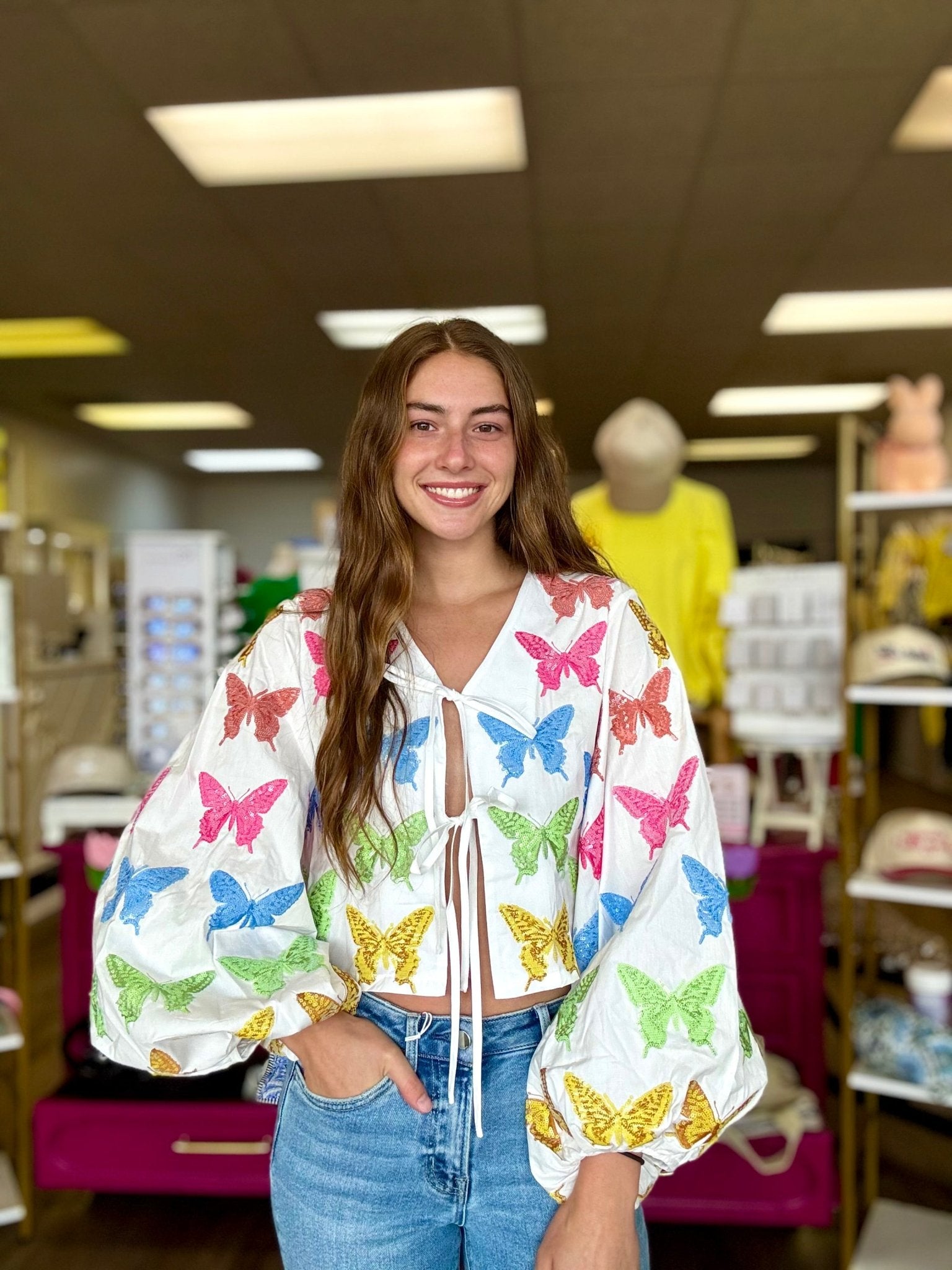 White Multi Butterfly Cotton Tie Up Long Sleeve Top | Queen of Sparkles - Grayce's Boutique