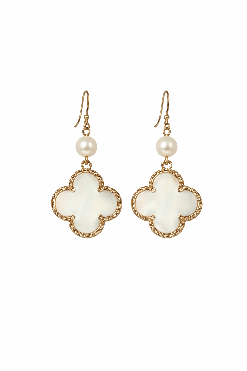 Pair of earrings with white floral designs and pearl-like beads on a white background